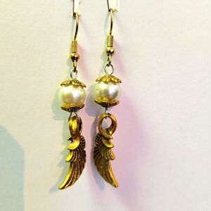 Golden white angel wing costume earrings